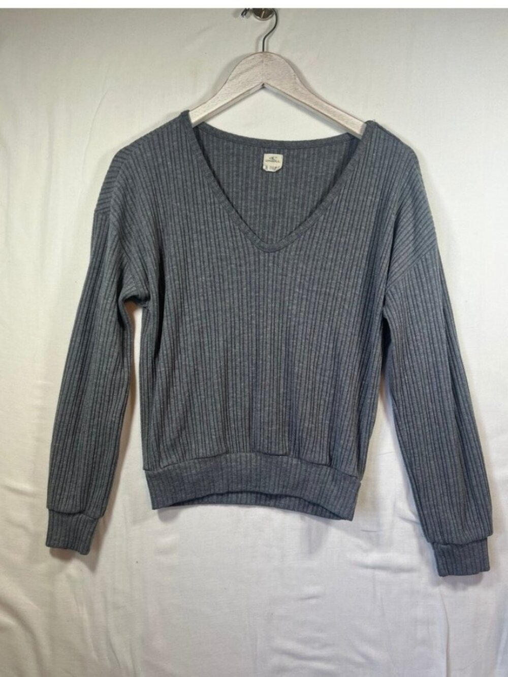 O'Neill Womens Grey Ribbed V-Neck Long Sleeve Sweater Top Size Small